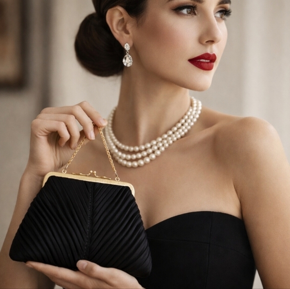 Vintage Handbags - Vintage 70's Black Satin Pleated Evening Bag